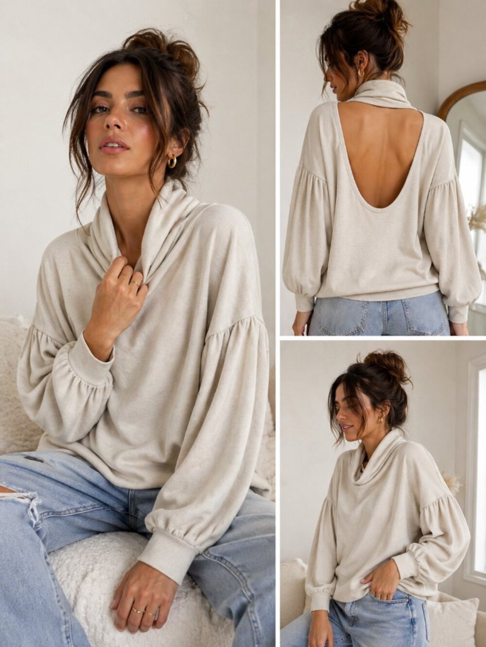 Free People Beige Open Back Top L Puff Sleeve 3/4 Sleeve Ribbed Knit Boho Oversi